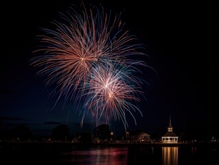 Fototapeta premium Generic Town Fireworks Long Exposure: Church Spire & Gazebo Silhouettes, Red/White/Blue Light Trails Reflected on Lake (No Recognizable Landmarks)