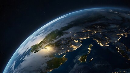 Fototapeta premium A realistic view of Earth from space, showing illuminated cities at night and atmospheric details.