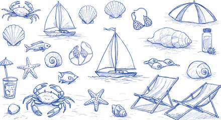 Nautical beach vector illustration: summer vacation design for print, hand drawn style
