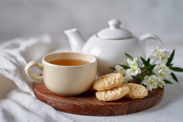 Fototapeta premium Wooden tray with tea set and cookies on clean white background