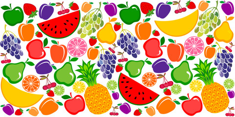 Fruits seamless pattern. Background of fresh falling mixed fruits isolated on white background. Healthy food. Top view, flat layout. Good for textile fabric design, wrapping paper, website wallpapers