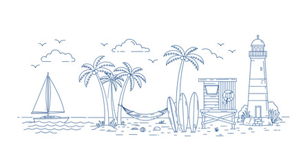 Coastal paradise vector illustration: beach scene with lighthouse for summer design in line style