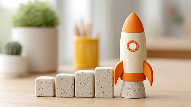 Wooden rocket toy with rising bar graph on wooden desk representing business growth and startup success with interior plants