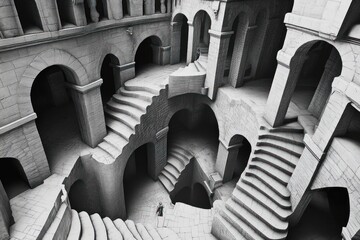 Intricate stone structure with winding staircases.