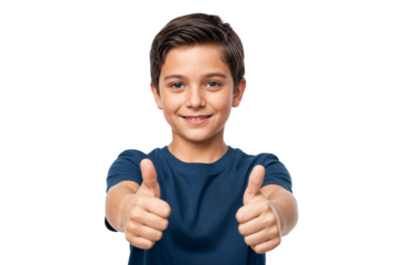 Smiling young boy showing two thumbs up isolated on transparent background