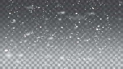 Festive abstract background with glittering confetti, glowing lights, White snowflakes on a transparent background