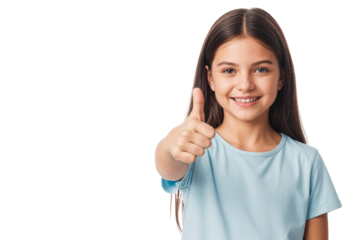Portrait of a smiling young school girl with cheerful expression showing thumb up, isolated on transparent background