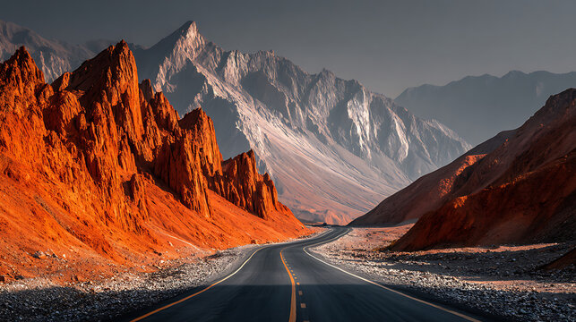 Winding asphalt road through dramatic orange and grey mountain landscape