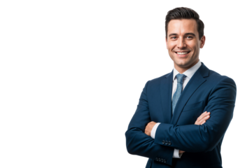 Portrait of a smiling corporate executive wearing a navy suit and tie, arms crossed, representing confidence and leadership