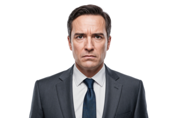 Serious executive manager looking directly at the camera with an intense, angry expression. Concept of leadership, pressure, or confrontation