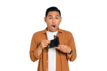 No money. Shocked young Asian man in casual shirt showing empty wallet, having financial problems isolated on transparent background