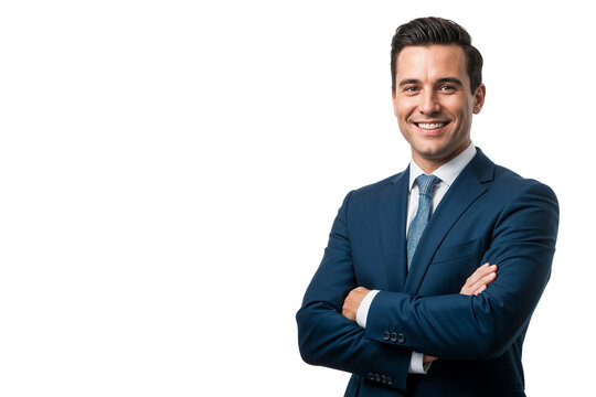 Portrait of a smiling corporate executive wearing a navy suit and tie, arms crossed, representing confidence and leadership