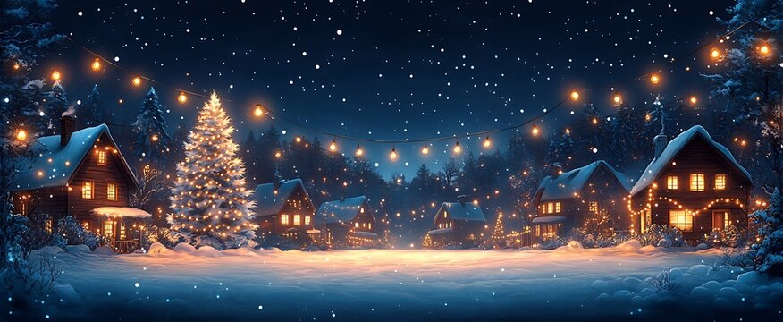 Winter scene with snowfall and christmas lights illuminated houses in the forest