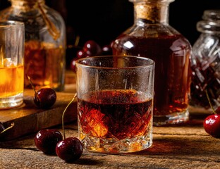 Dark spirits and cherries on a rustic wooden table