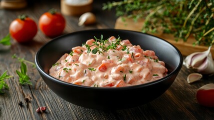 Creamy tomato salad in a black bowl, garnished with fresh thyme, on a rustic wooden table with cherry tomatoes and garlic.
