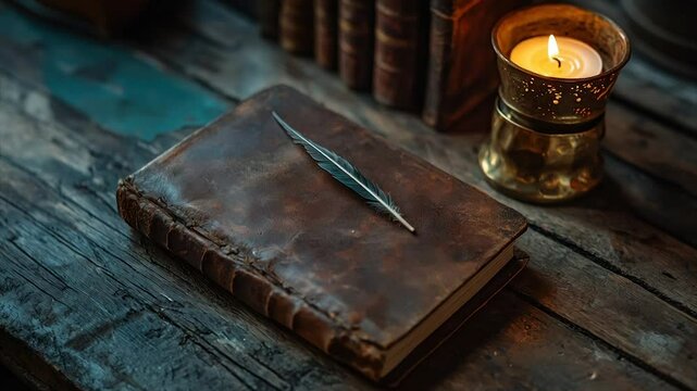 Leather-bound journal, quill pen, candle, old books on rustic wood