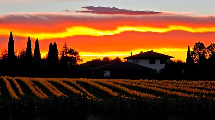 Obraz premium Vineyard Vista at Sunset: Golden hour painting a rural landscape vibrant
