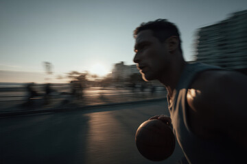 street basketball player dribbling with strong emotional expression positioned on right side of frame