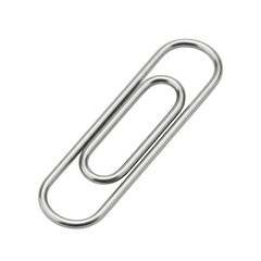 A single shiny silver metal paperclip for organizing documents isolated on transparent background