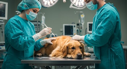 Veterinary surgery scene showing golden retriever being examined by professionals before procedure