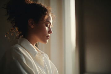 portrait of massage therapist standing calmly by window soft light highlighting relaxation and harmony