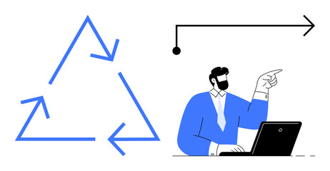 Business professional pointing at a process diagram with recycling arrows and forward arrow. Ideal for teamwork, process improvement, leadership, sustainability, innovation, workflow, simple flat