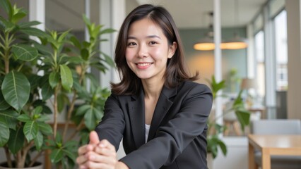Fototapeta premium A professional woman smiles confidently, showcasing a positive work environment.