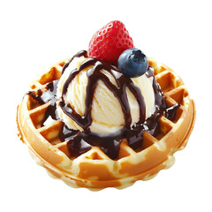 Waffle topped with vanilla ice cream, chocolate syrup, raspberry, and blueberries isolated on white transparent background, concept of sweet dessert