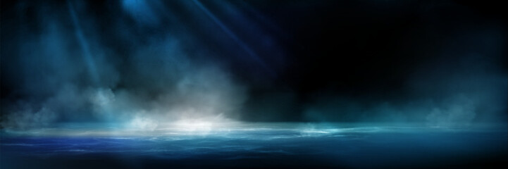 Mystical water surface with fog rolling across blue waves - ethereal smoke clouds hovering above ocean with light rays, atmospheric scene for fantasy background, dramatic nature bg, misty glow effect.
