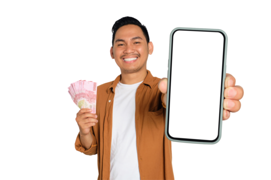 Cashback, Easy Online Money Transfer Concept. Happy young Asian man in casual shirt holding smartphone with blank screen and money isolated on transparent background