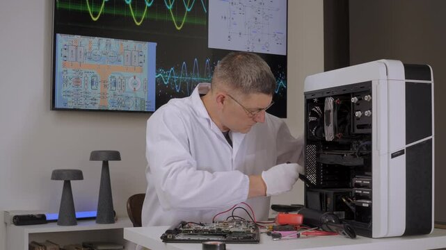 Technician cleaning motherboard, Man in white lab coat and black gloves repairing and inspecting a disassembled laptop motherboard with multimeter and brush tools on a clean white table