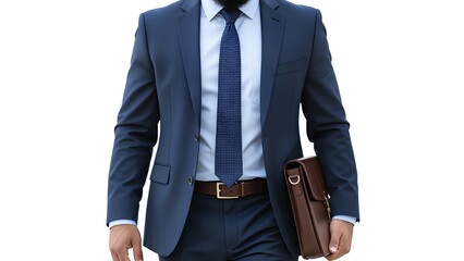 Cropped torso of an elegant businessman in a formal navy suit, confidently holding a brown leather briefcase while standing isolated on a white background, ready for a corporate me