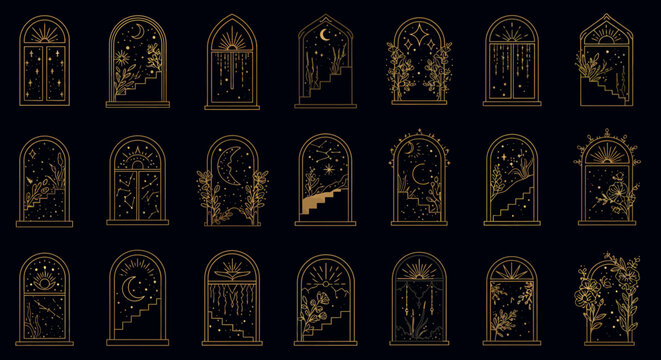 Vector illustration of celestial window designs with moon and stars in elegant line style for art decor