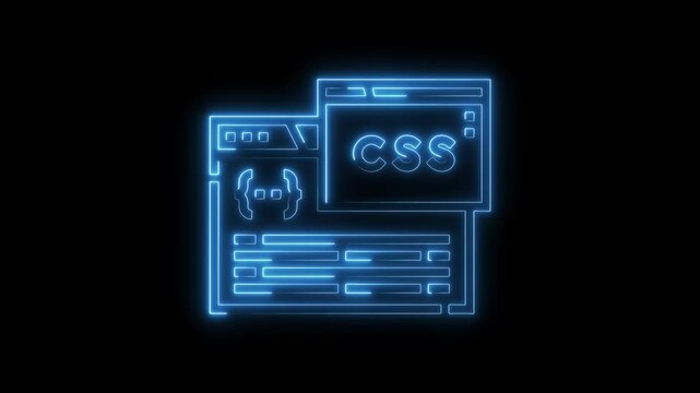 Blue neon style css code web development concept isolated on black background animated