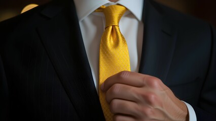 Close-up of a successful man in a sharp pinstripe suit, meticulously adjusting his bold yellow tie. This image conveys elegance, confidence, and preparation for a formal b
