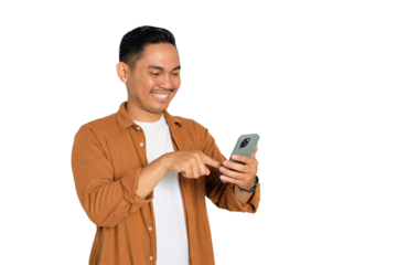 Happy young Asian man in casual shirt using smartphone for messaging with a friend isolated on transparent background