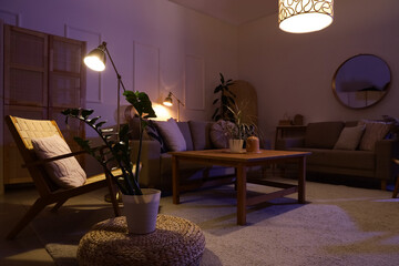 Interior of stylish living room with cozy grey sofas, armchair, coffee table and glowing lamps at...