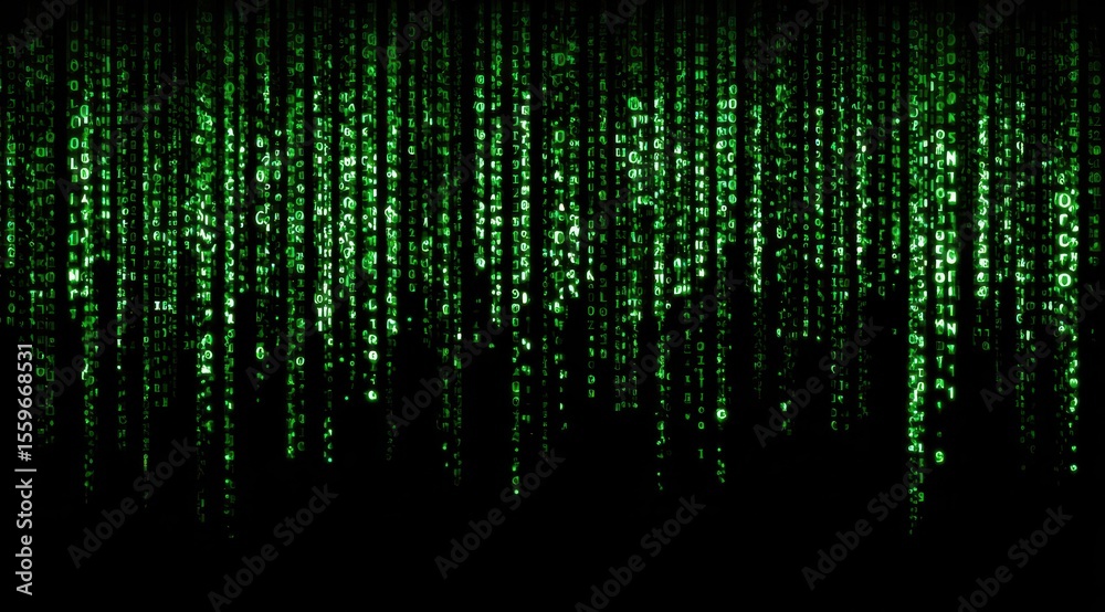 Fototapete digital code cascading down a black background