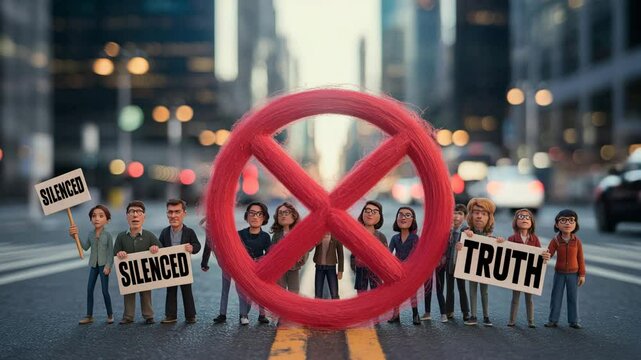 Tiny figures protest city street scene