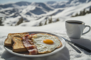American breakfast against the backdrop of snow-capped mountains. Fried eggs with bacon and toast, a cup of coffee, a knife and fork. Healthy breakfast. The concept of healthy eating. Vacation. Resort