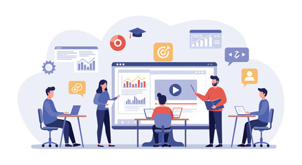 Team collaboration and data analysis vector illustration for digital marketing concepts