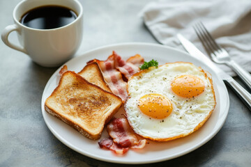Homemade American breakfast. Fried eggs with bacon and toast, a cup of coffee, a fork and knife on a grey table. Healthy breakfast. The concept of healthy eating. Morning Sunlight