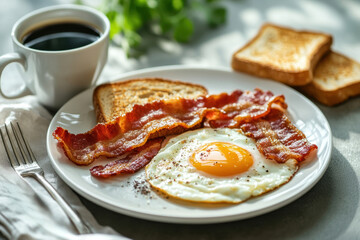 Homemade American breakfast. Fried eggs with bacon and toast, a cup of coffee and a fork on a white table. Healthy breakfast. The concept of healthy eating. Morning Sunlight