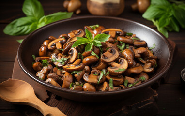 Bowl of sauteed mushrooms with basil garnish on a wooden surface close up