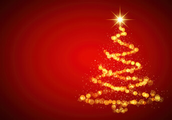 Glowing golden christmas tree made of bokeh effect lights with a bright star on top against a red background. Holiday decoration for Christmas eve backdrop with space for text or product.