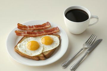 Homemade American breakfast. Fried eggs with bacon and toast, a cup of coffee, a knife and fork on a white table. Healthy breakfast. The concept of healthy eating