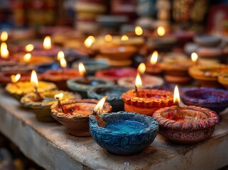Colorful clay diya lamps lit during diwali celebration. High quality