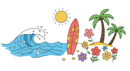 Summer beach vector illustration with surfboard and palm trees for postcards or posters in hand drawn style