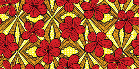 African  red hibiscus flower ethnic traditional  pattern. seamless beautiful Kitenge, chitenge, Ankara style. fashion design. Geometric floral motif. Red Floral Ankara prints, African wax prints