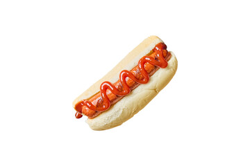 Delicious hot dog with ketchup in a bun isolated on transparent background